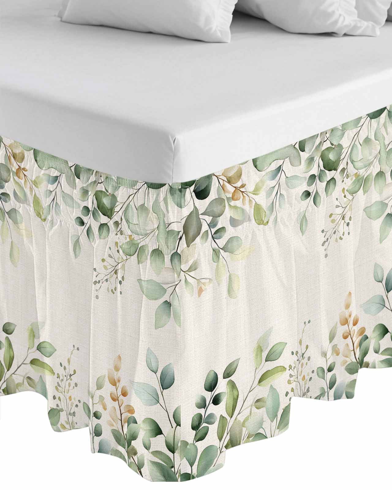 Retro Eucalyptus Leaves Ruffle Bed Skirt King Size Sage Green Leaf Summer Plants Linen Adjustable Elastic Dust Bed Skirts Wrap Around Bedskirt Wrinkle Free Easy Fit with 18 Inch Drop