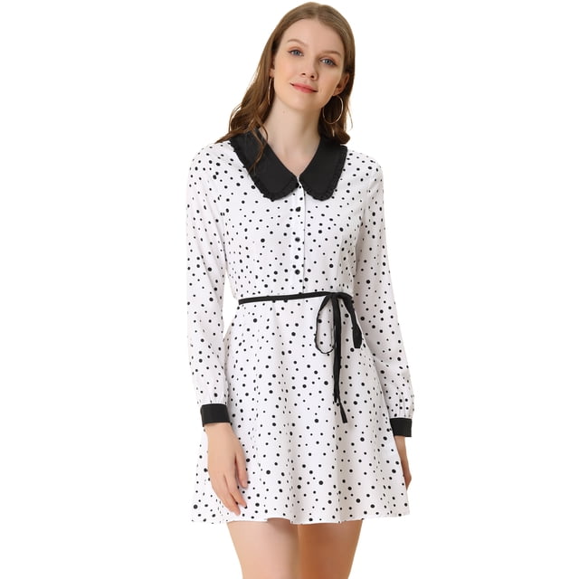 INSPIRE CHIC Robe Chemise à Manches Longues Contrastées avec Col Peter Pan à Pois pour Femmes