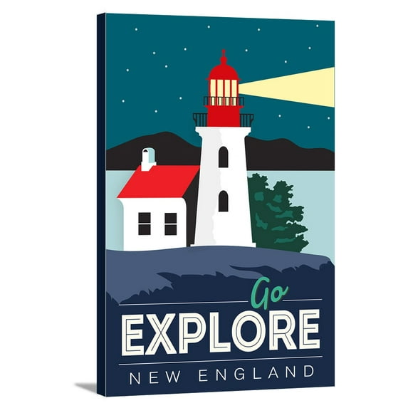New England - Go Explore (Lighthouse) - Vector Style - Lantern Press Artwork (12x18 Gallery Wrapped Stretched Canvas)