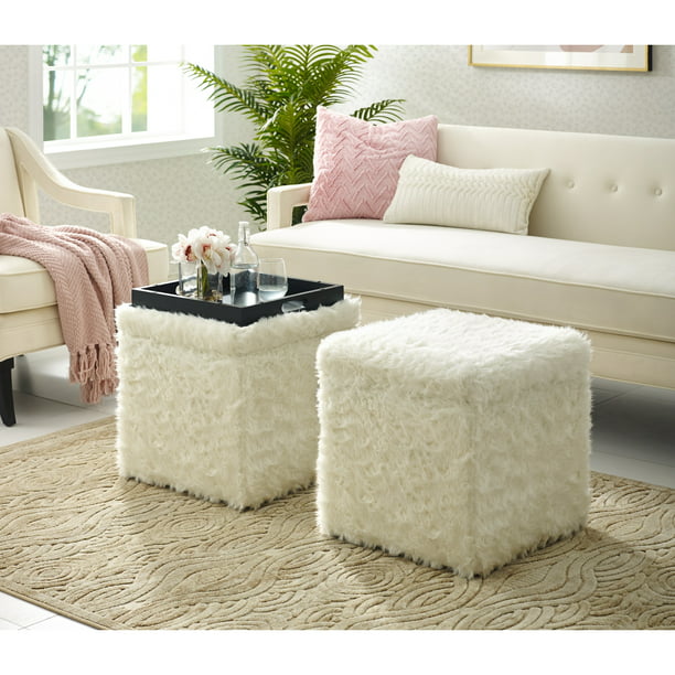 Inspired Home Alaina Faux Fur Ottoman, Faux Leather Ottoman With Reversible Tray Tops White