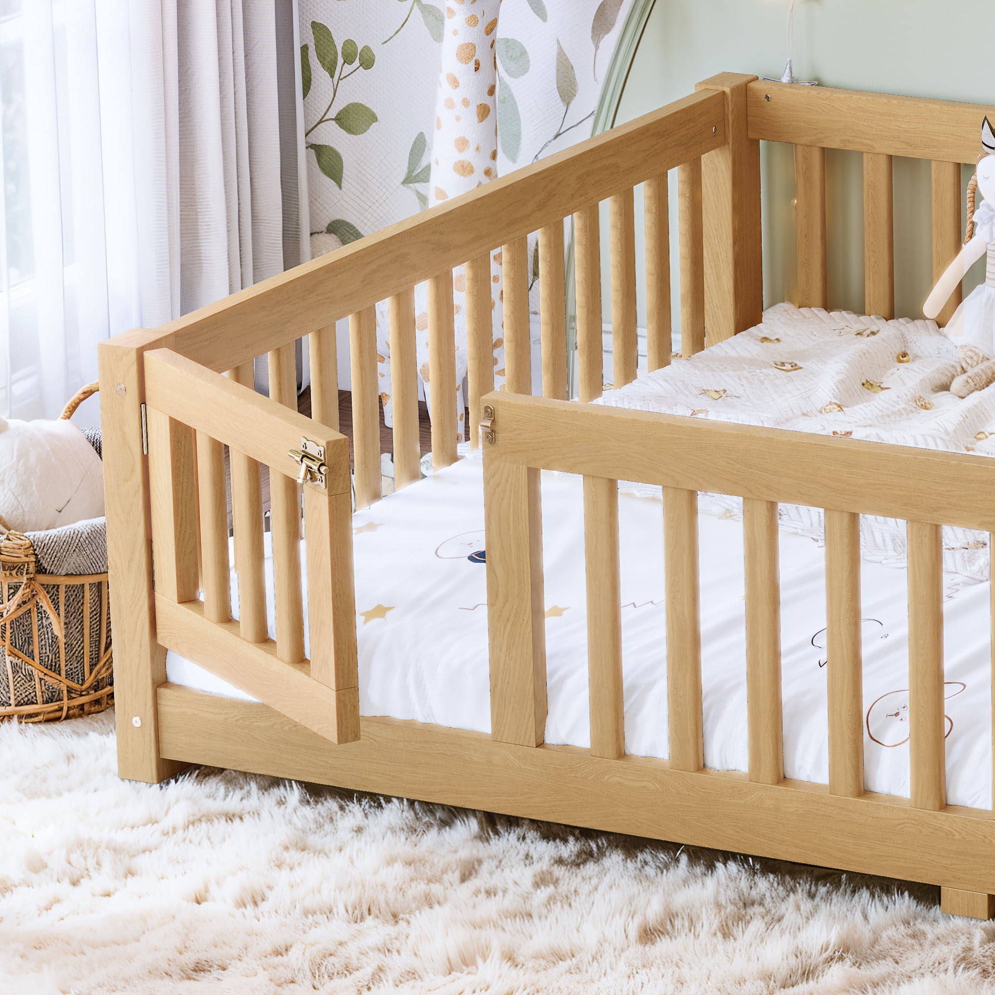 Queen Floor Bed 82.6 Inch, Solid Wood Bed Frame with Safety Guardrails and Door, Low Profile Montessori Bed for Kids Bedroom, Natural