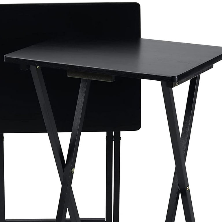 PJ Wood Folding TV Tray Tables with Storage Rack Black 2 Piece Set