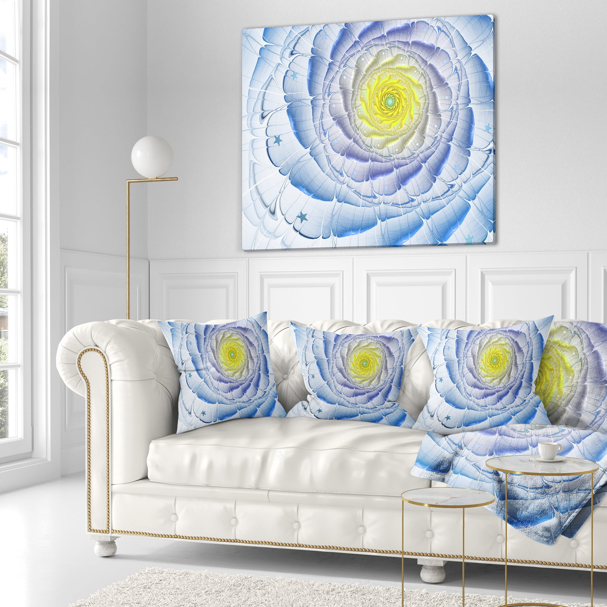 Designart Fractal Flower Blue Yellow Digital Art - Flower Throw Pillow - 16x16