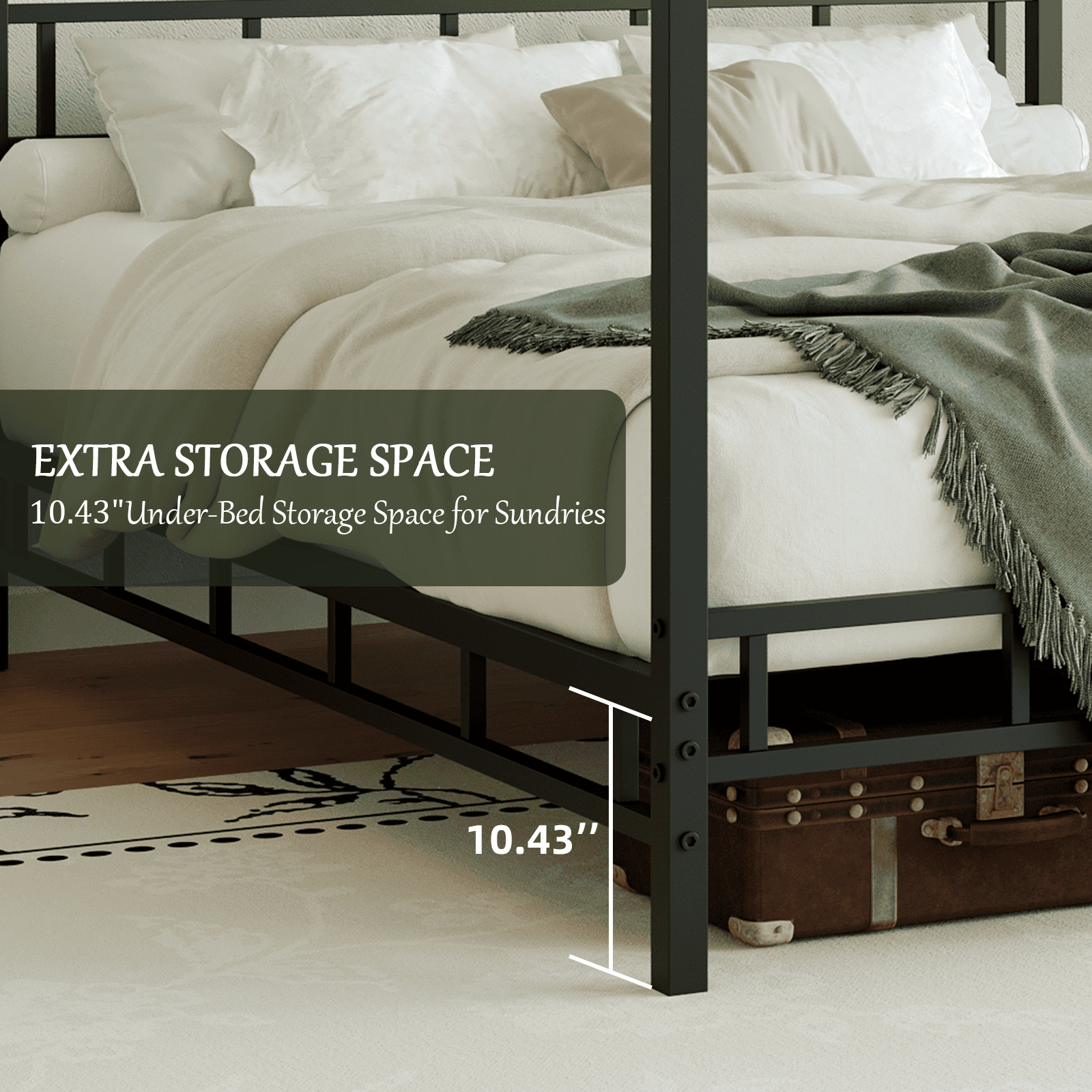4 EVER WINNER Queen Size Detachable Metal Canopy Bed Frame, Modern Black Platform Bed with Noise-Free Slat Support, No Box Spring Needed, Underbed Storage, Tool-Free Quick Assembly