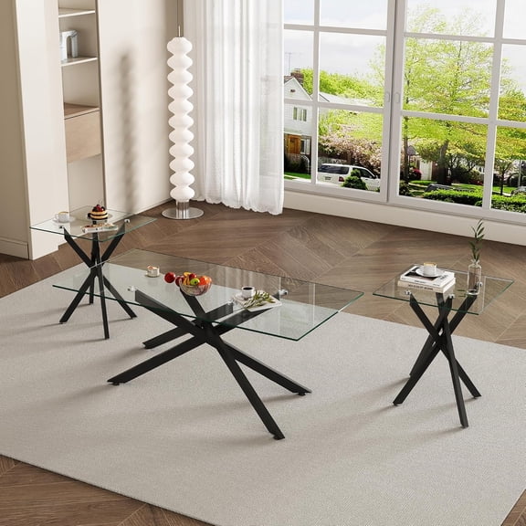 Living Room Set - Glass Coffee Table and 2 End Tables with Modern Design Set of 3 (Large Coffee Table End Table x2, Black)