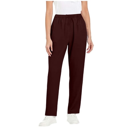 Efsteb Women s Scrub Pants Elastic Waist Straight Leg Pants Casual Work Pant Lounge Athletic Trousers with Pockets (Wine XXXL)