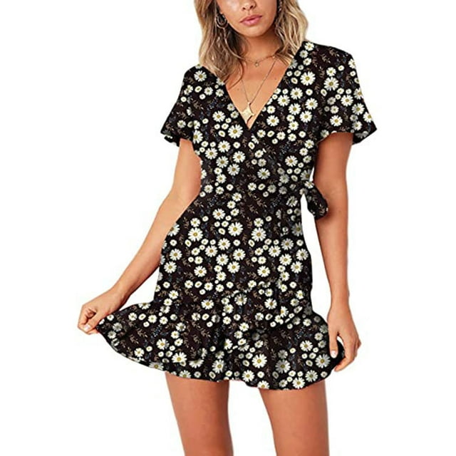 Robe d'Été Portefeuille Col en V à Pois Manches Courtes à Volants Mini Robe Florale avec Ceinture, T4, TG