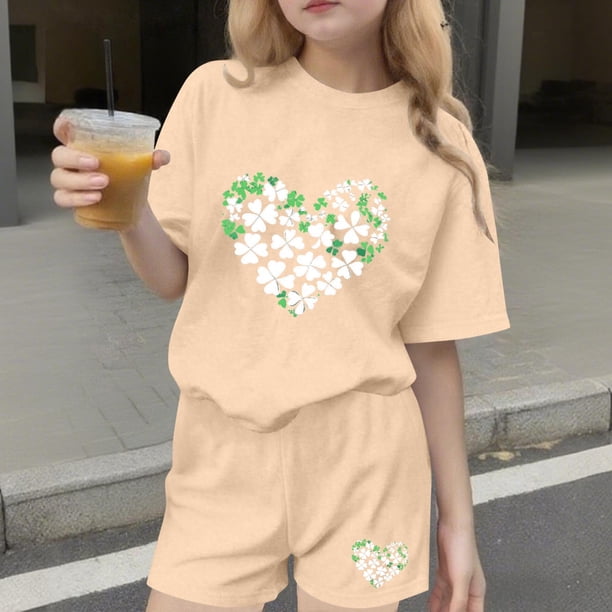 Conjuntos de blusas y camisas de cuello redondo y manga corta para niños Conjunto de dos piezas de blusas de cuello redondo y manga corta con estampado del Día de San Patricio para niños Niños poliést