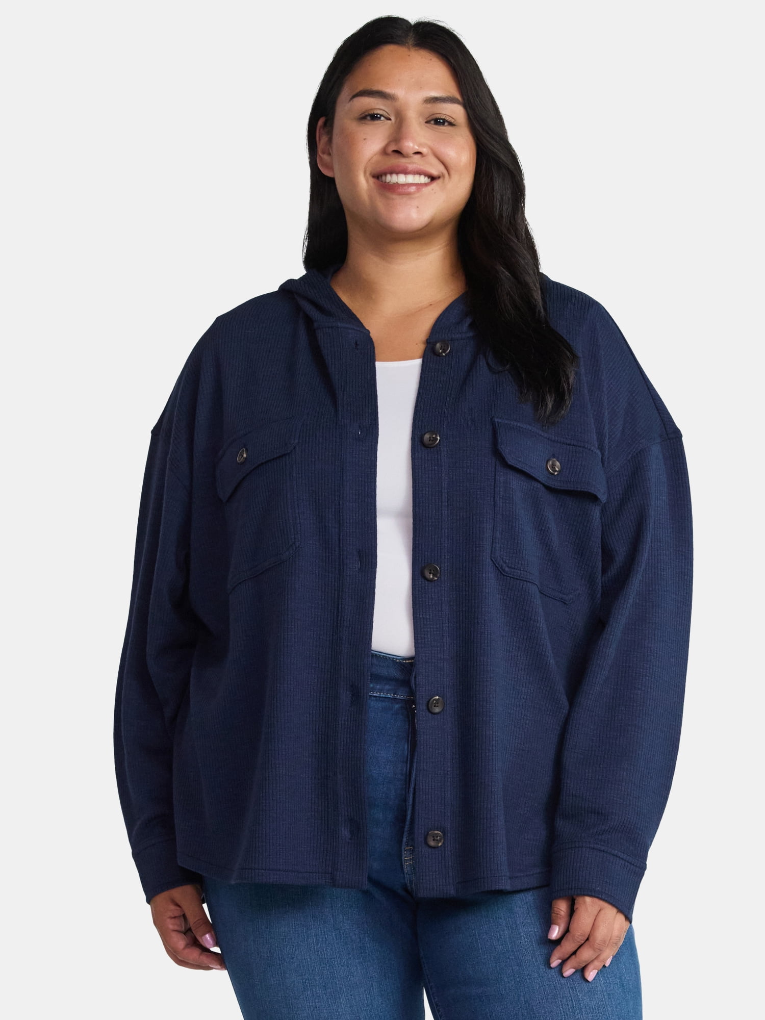 Time and Tru Women's and Women's Plus Ribbed Shirt Jacket with Hood, Sizes XS-4X