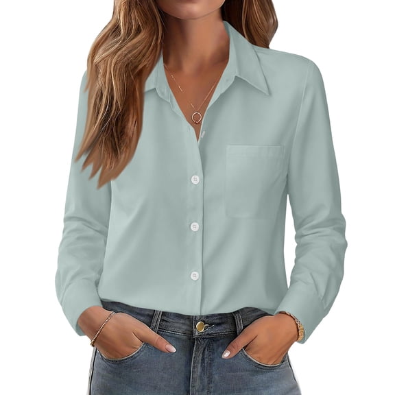 Yifymode Button Down Shirts for Women Long Sleeve Work Tops V Neck Shirts Dressy Casual Business Blouses with Pocket,Light Blue M