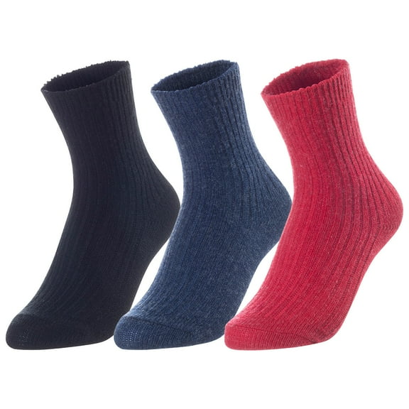 Lovely Annie Unisex Children's 3 Pairs Thick & Warm, Comfy Wool Crew Socks. Perfect as Winter Snow Sock and All Seasons LK08 Size 9Y-11Y (Black, Navy, Red)