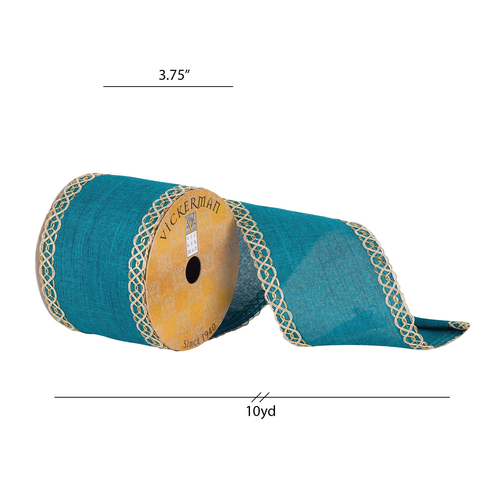 Vickerman 3.75" x 10 yard Turquoise Dupion with Gold Swirl Edge Christmas Ribbon