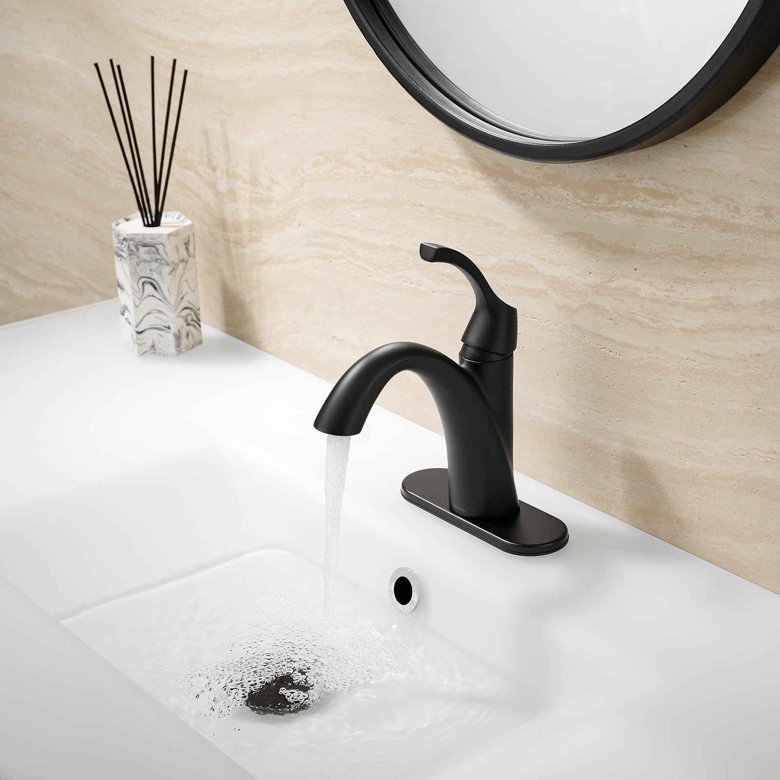 TimeArrow Bathroom Sink Faucet Matte Black, Single Handle Bathroom Faucet for 1 Hole with 3 Holes Deck Plate, Lavatory Vanity Faucet, Pop Up Drain and Water Supply Lines Included, TAF206-MB