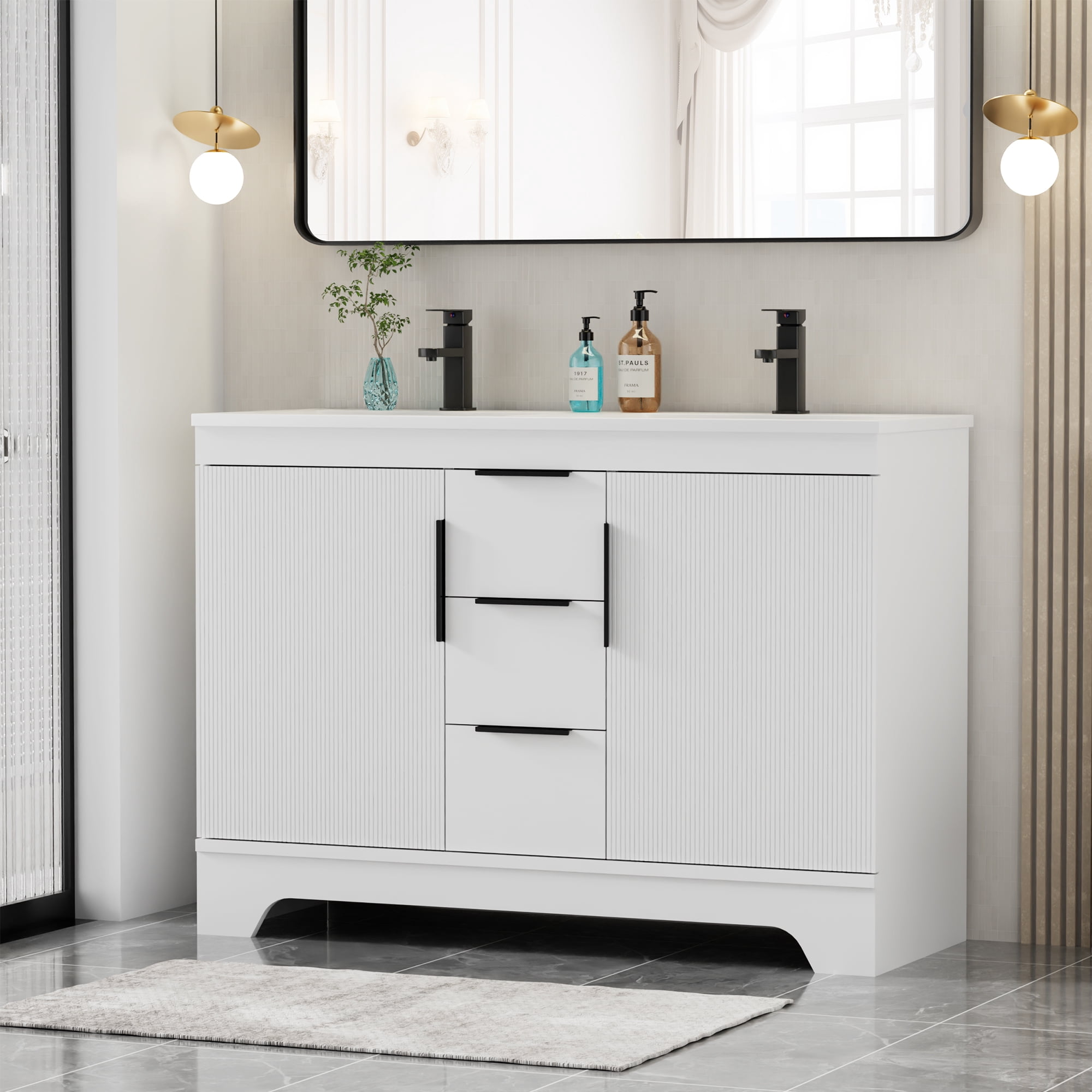 Eclife 48-inch Double Sink Bathroom Vanity with Integrated Tops, Soft-Close Hinges, Fluted Door Design, Mid-Century Modern