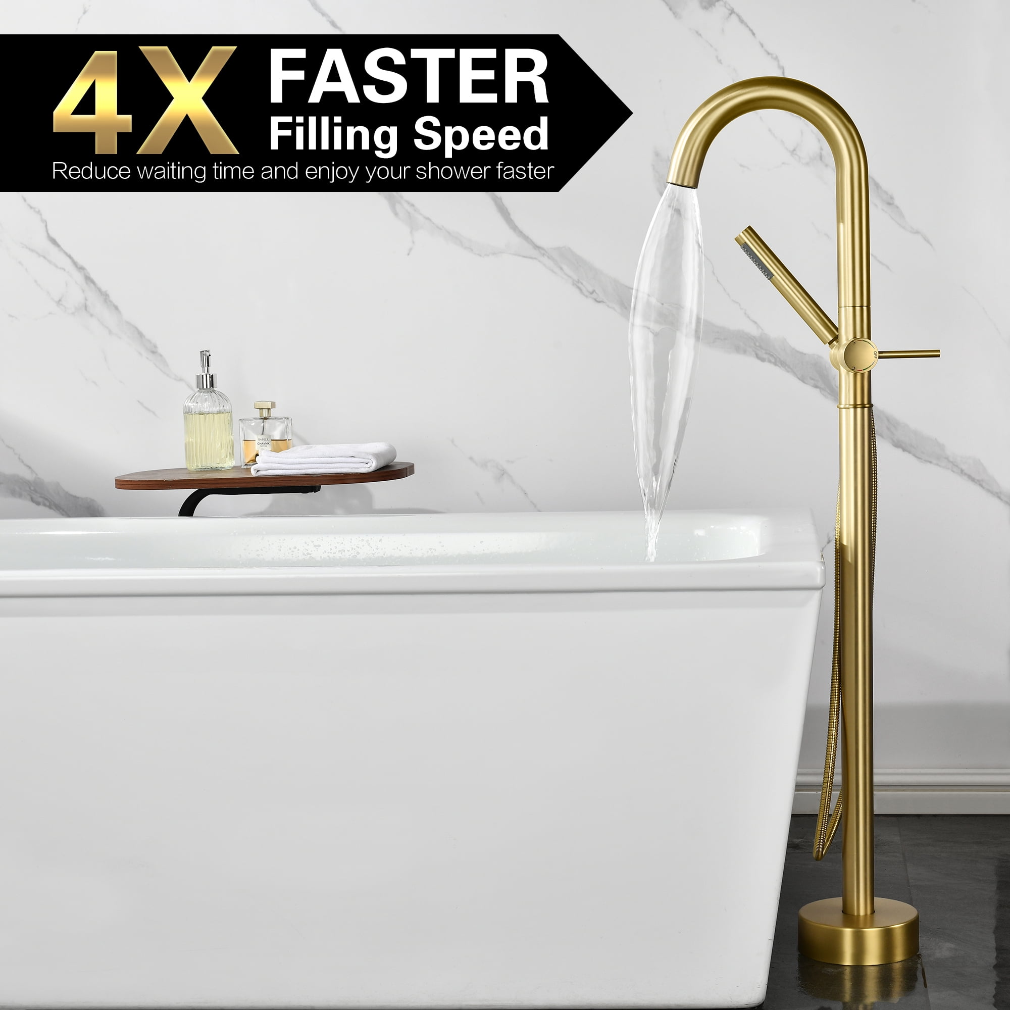 sumerain Freestanding Tub Faucet Brushed Gold, Brass Floor Mount Bathtub Filler Faucet with Handheld Sprayer for Bathroom, High Flow