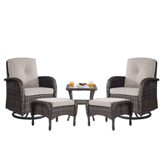 PARKWELL 5-Piece Outdoor Swivel Rocking Chair with Foot Rest,Side Table,360 Degree Swivel Glider Patio Rattan Wicker Conversation Bistro Furniture Sets,Beige