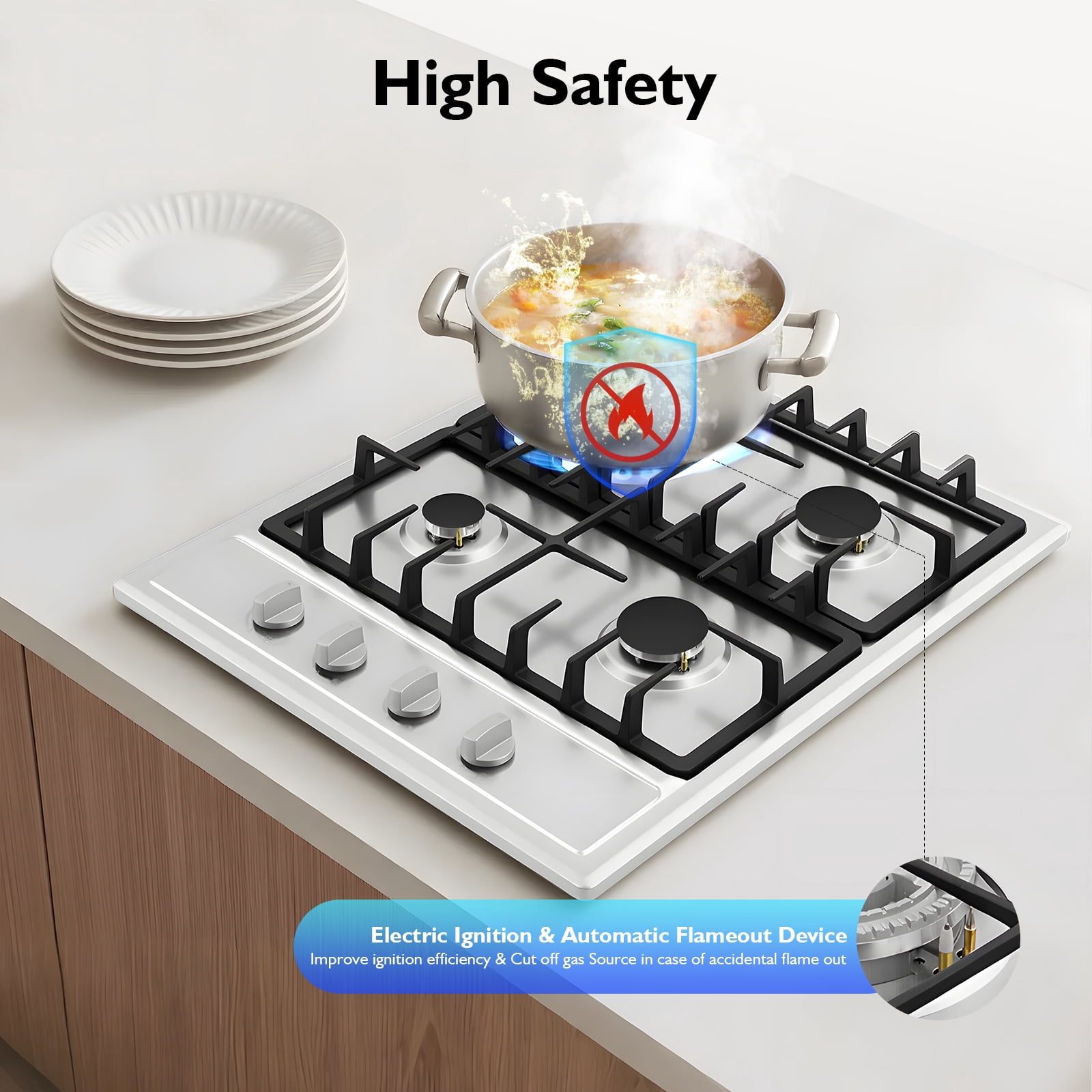 23" Cooktop 4 Burners Built-in Stove Top Stainless Steel Gas Cooktop Kitchen for Homes, Restaurants