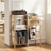 LELELINKY 3-Tier Rattan Record Player Stand with Vinyl Storage, Holds 300+ Albums for Living Room, Natural