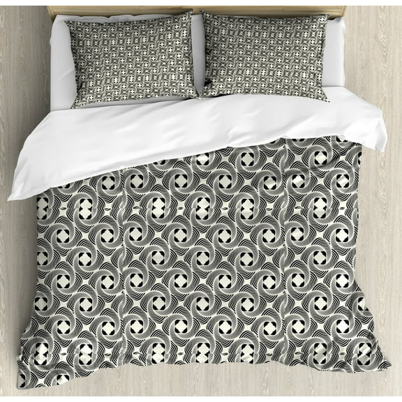 Abstract Duvet Cover Set Queen Size, Symmetrically Arranged Ropes Inspired Motifs Swirls Flowers Illustration, Decorative 3 Piece Bedding Set with 2 Pillow Shams, Charcoal Grey Ivory, by Ambesonne