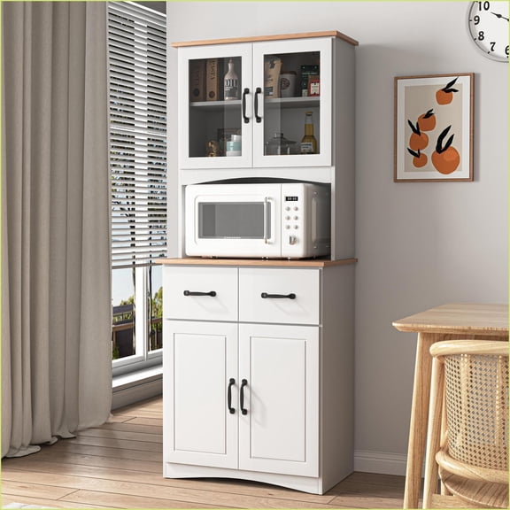 Kitchen Pantry Cabinet, Traditional White with Framed Glass Doors & Drawer | MDF | 150 lbs Load Capacity