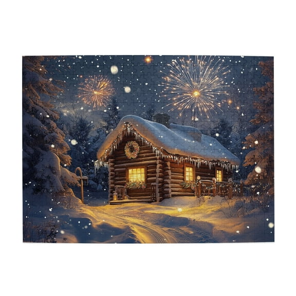 500 pcs jigsaw puzzles 500 pieces Winter Cabin Fireworks Night,Unique and Beautiful Design,Stress relieving pleasure,beautiful Cabin Fireworks Night Wooden Puzzle 500 Piece,High difficulty puzzle