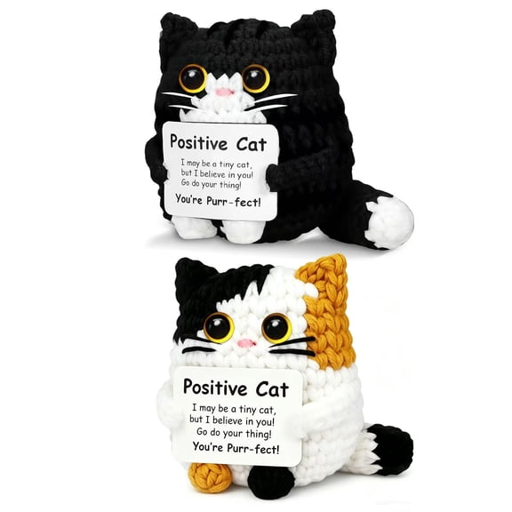 GIRACOA 2pcs Positive Crochet Gifts, Handmade Emotional Support Black Cat & Calico Cat Knitted Pocket Hug Dolls, Cute Office Desk Decor Stress Relief Stuffies with Encouragement Cards for Friends