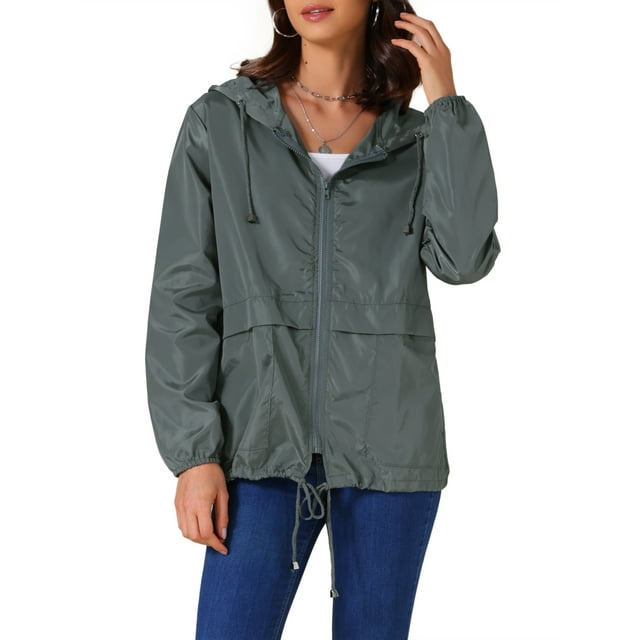 Inspire Chic Abrigos de Lluvia para Mujeres Impermeables con Capucha Chaquetas Ligeras de Lluvia Rompevientos Abrigo con Bolsillos para Exterior L Gris Oscuro