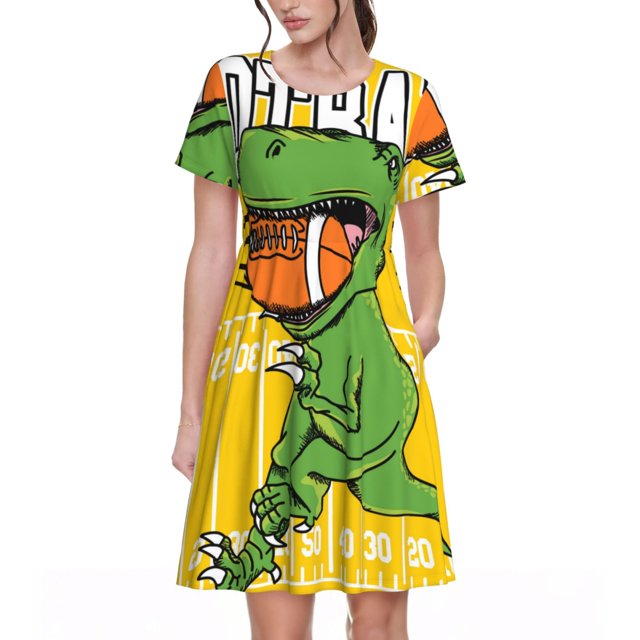 Balery T-Rex Playing Football Vestidos sueltos de manga corta para mujer, vestidos de verano 2025, vestidos casuales de corte A con vuelo.