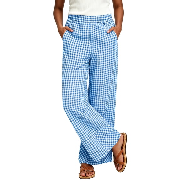 Gytharion Plus Size Wide-leg Pants for Women Plaid Elastic Waist Pants Women's Casual Loose Trousers with Pockets