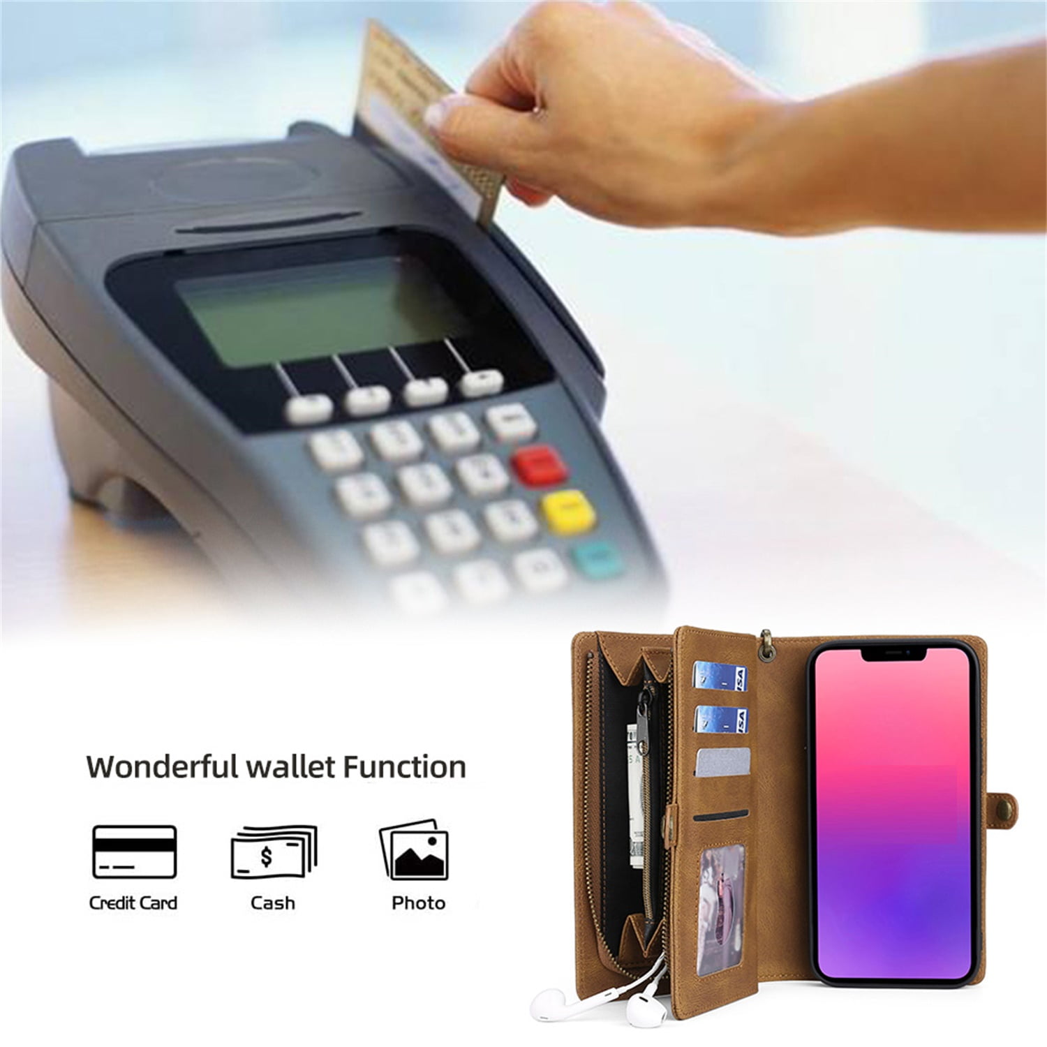 Defencase for iPhone 11 Case for Women Men, Removable Durable PU Leather Magnetic Flip Strap Wristlet Zipper Purse Card Holder Detachable Wallet Phone Cases for iPhone 11, Brown