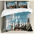 thumbnail image 1 of Live Laugh Love Queen Size Duvet Cover Set, Rustic Country Houses with brick Composition Calming Scenery and a Quote, Decorative 3 Piece Bedding Set with 2 Pillow Shams, Multicolor, by Ambesonne, 1 of 3