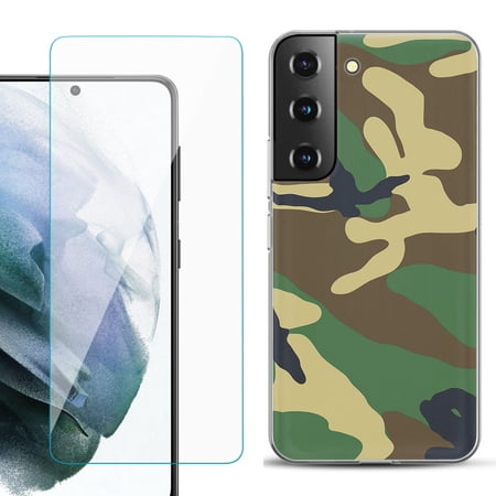 Slim-Fit TPU Fashion Phone Case for Samsung Galaxy S22 5G with Tempered Glass Screen Protector by OneToughShield ® - Camo Green