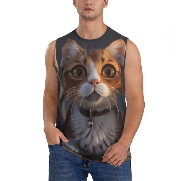 Fotbe Wide Eyed Cartoon Cats Men's Camiseta sin Mangas Estampada para Hombres, Playera Casual para Gimnasio, Entrenamiento, Playa-XX-Large