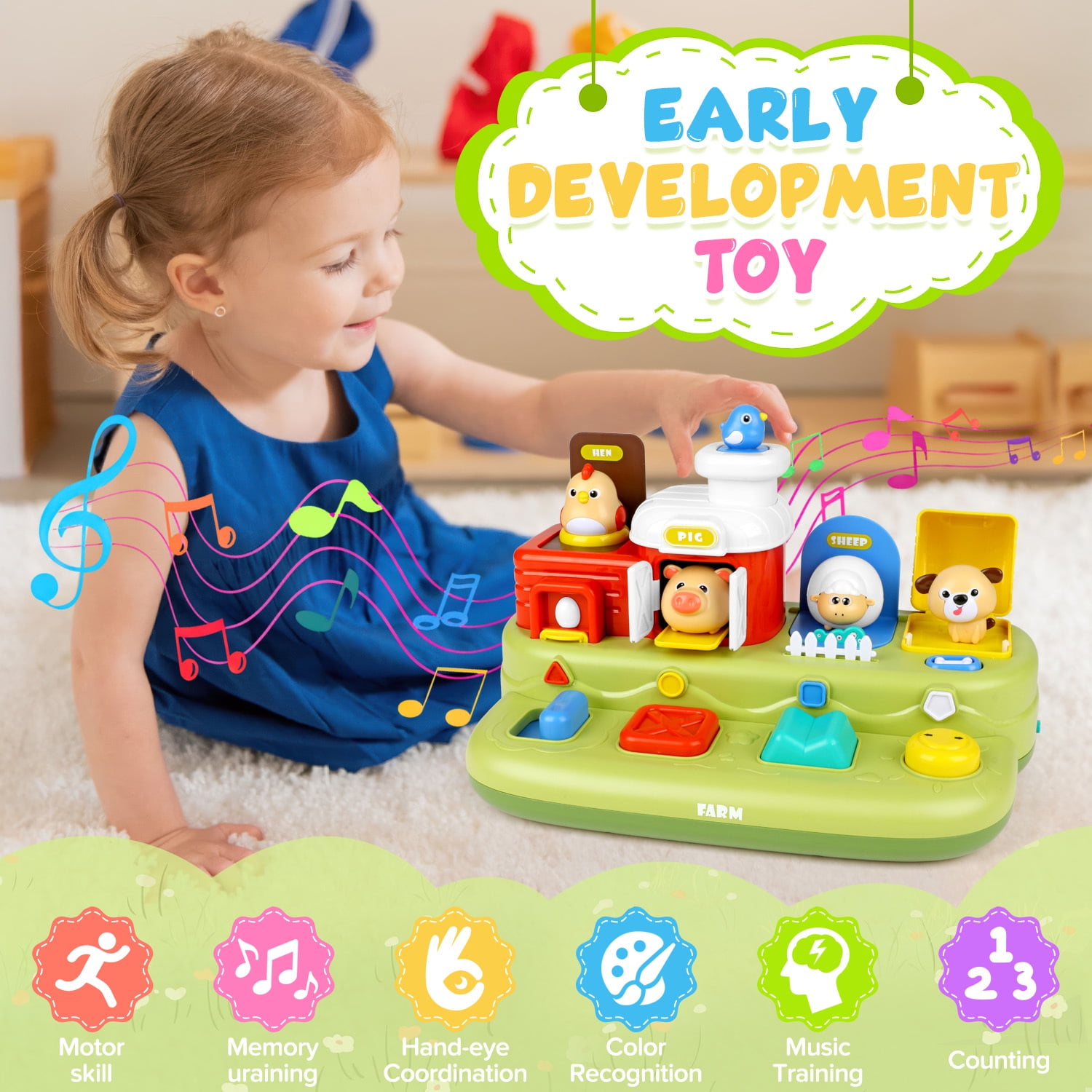 UQN Pop-up Baby Toys, Montessori Toys for 1 Year Old Boys Girls, Farm Animal Early Learning Sorting Colors Baby Toys with Musical for 9-12-18 Months Birthday Gift.