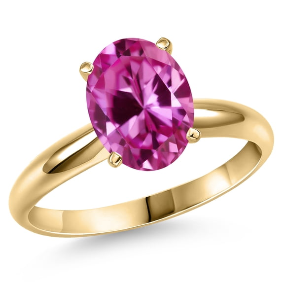 Gem Stone King 14K Yellow Gold Pink Created Sapphire Engagement Ring for Women | 4.50 Cttw | Oval 11X9MM | Gemstone September Birthstone | Size 5