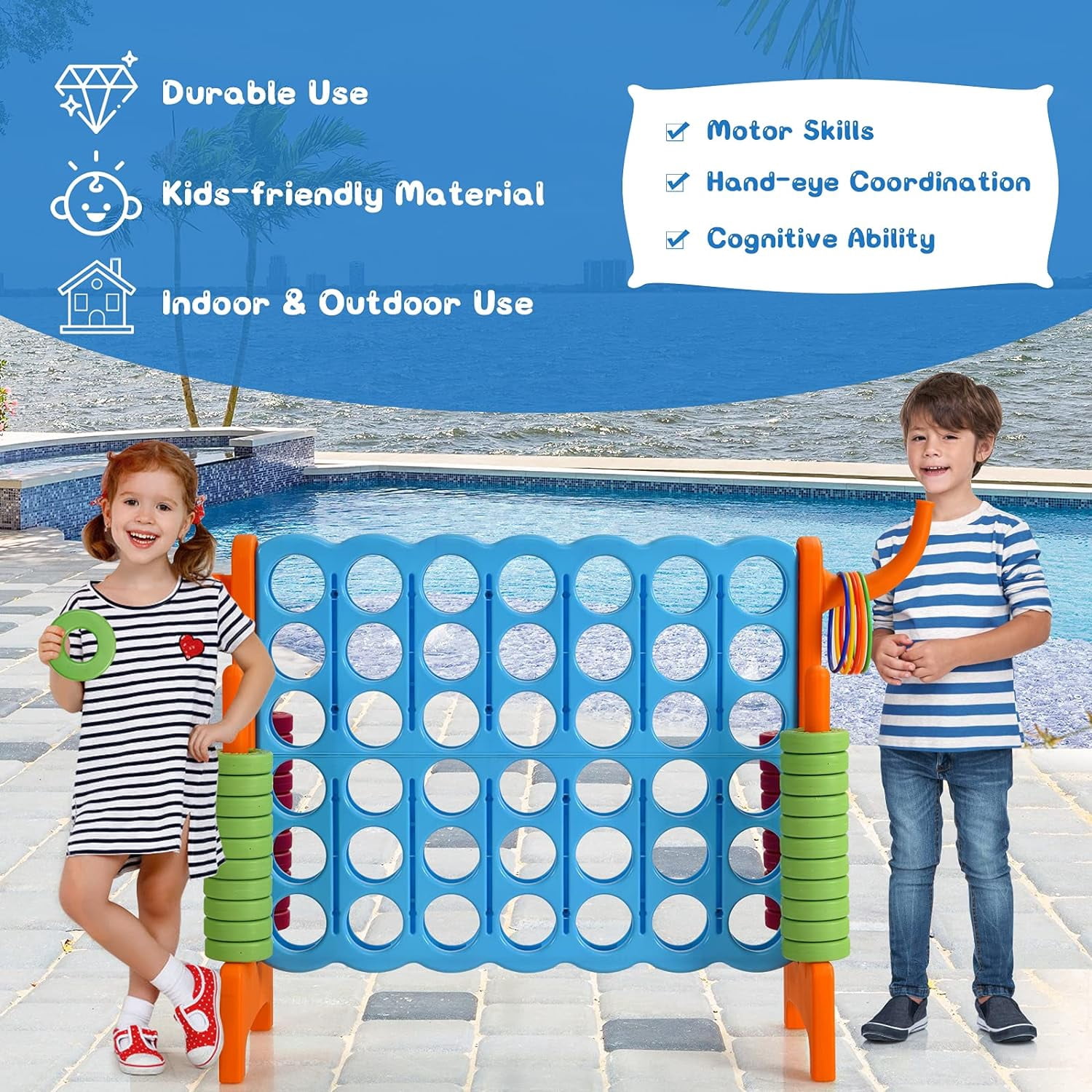 HJTER Jumbo 4-to-Score Giant Game Set for Kids & Adults, 2.5Ft Indoor Outdoor Game with Basketball Hoop, Ring Game, 42 Jumbo Rings, Quick-Release Slider, Perfect for Birth & Holiday Party