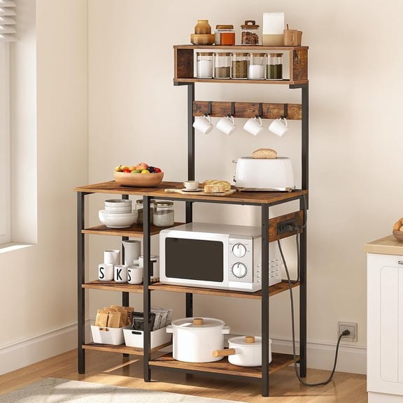 Bakers Rack with Power Outlet, 35.4 Inches Microwave Stand with 4 Hooks, 6 Tiers Kitchen Storage Shelf Rack, Coffee Bar Table, Rustic Brown and Black BF10UHB01