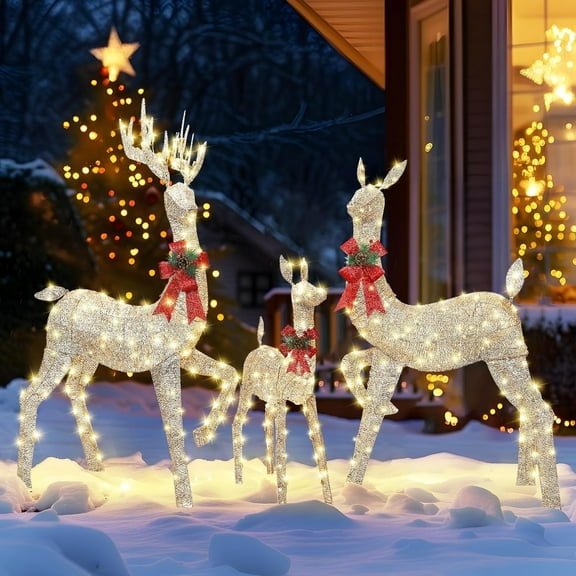 Alupssuc 3-Piece Large Pre-Lit Christmas Deer Family Set Outdoor Yard Decorations,60"H Lighted Holiday Reindeer Decor for Front Yards Garden Lawn Patio with 310 Warm White LightsStakes Gold