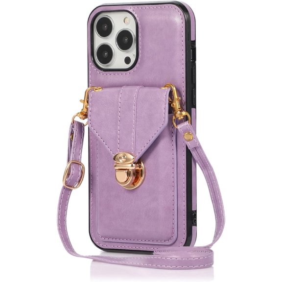 Compatible with iPhone 13 Pro Wallet Case PU Leather Crossbody Strap Lanyard Clasp Durable Card Holder Slot Protective Cover for Women Girls Purple