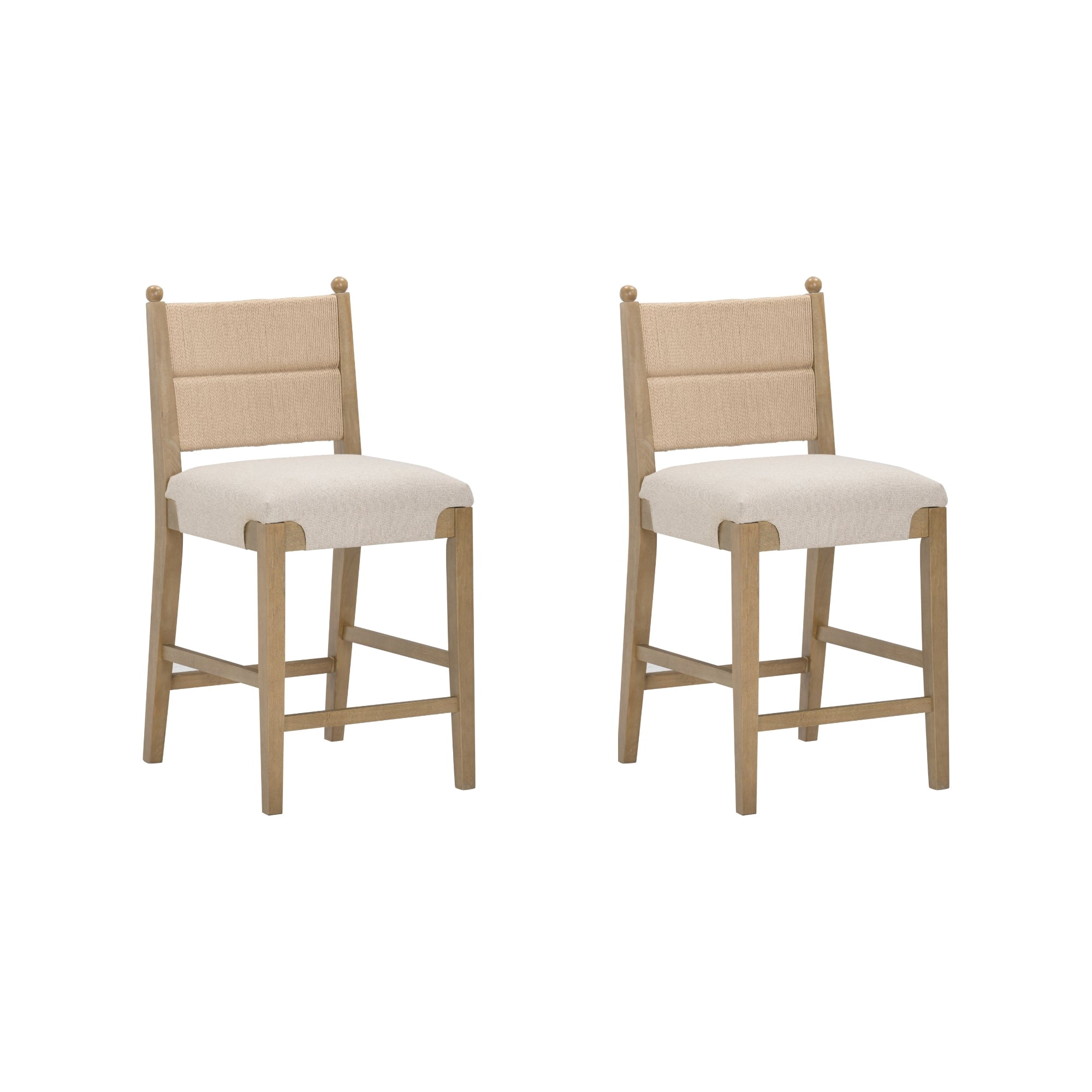 Nathan James Cove Seagrass Counter Stool Wood Upholstered Bar Stool with Natural Flax Cushion and Seagrass Backrest, Light Brown, Set of 2