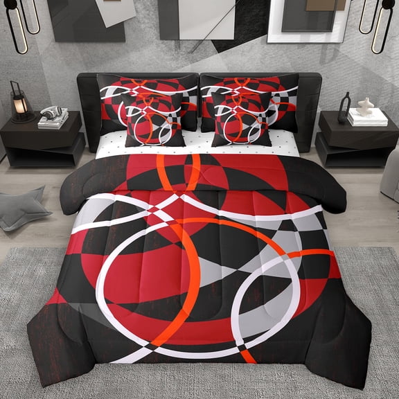 Homewish Abstract Geometric 7-Piece Twin Bedding Sets,Red Black Gray Bedding Comforter Set,Striped Circular Aesthetic Sheet Sets For Men Women,Ultra Soft Home Decor Reversible
