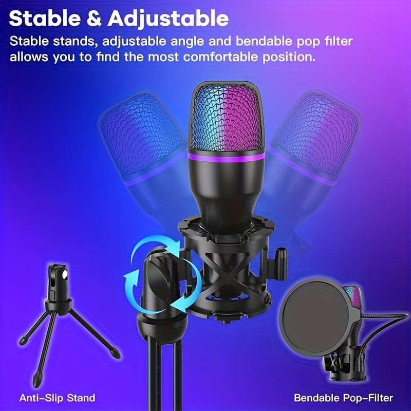 RGB Condenser Gaming Microphone Kit - PC USB Microphone with Tripod/Spray Cover | for Live Streaming/Podcasting/Ps5/Pc Gaming/Online Conferencing
