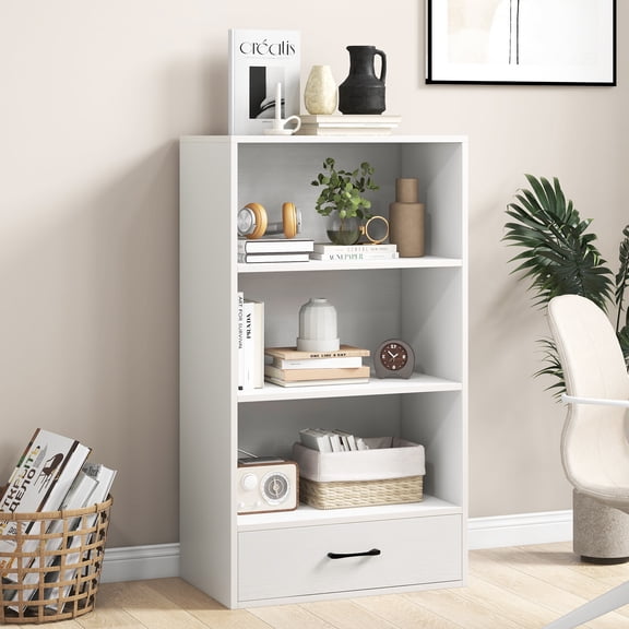 Giantex 4-Tier Bookcase w/Drawer, Freestanding Bookshelf, Modern Display Shelf, Floor Storage Organizer for Home, Office, White