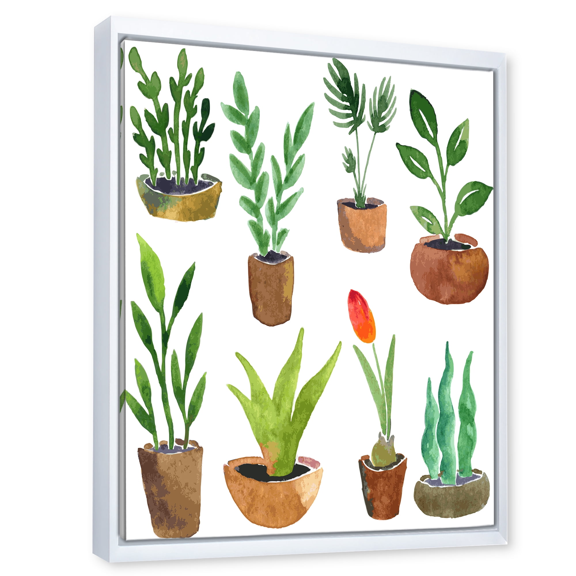 Designart 'Eight House Plants In Claypots' Traditional Framed Canvas Wall Art Print