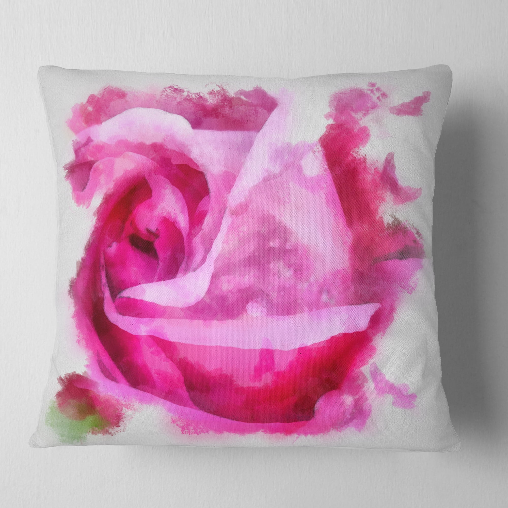 Designart Bloomy Pink Rose Watercolor Drawing - Floral Throw Pillow - 16x16