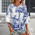 thumbnail image 3 of Blue Chinoiserie Toile Women's V-Neck Blouse With 3/4 Ruffled Bell Sleeves Casual Top Ladies Blouses, 3 of 7