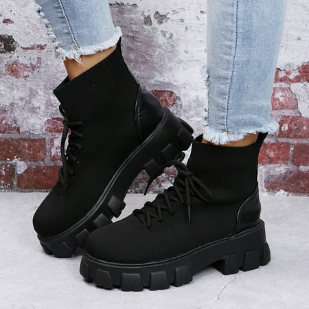 

YOTAMI Womens Boot Shoes Round Toe Thick Bottom Knitting Breathable Buckle Lace-up Female Boots Home Black 7