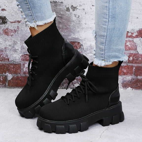 QISIWOLE Women's Shoes Round Toe Thick Bottom Fashion Knitting Breathable Buckle Lace-up Female Boots,clearance under 10