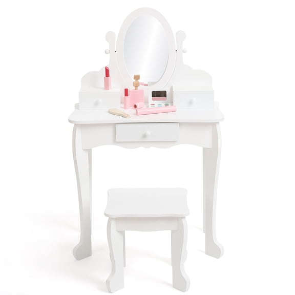 Princess Style Kids Vanity Set - Wooden Dressing Table with Adjustable Mirror, Drawer & Stool for Girls Ages 4-9 - Perfect for Pretend Play & Room Decor - White - Without Light