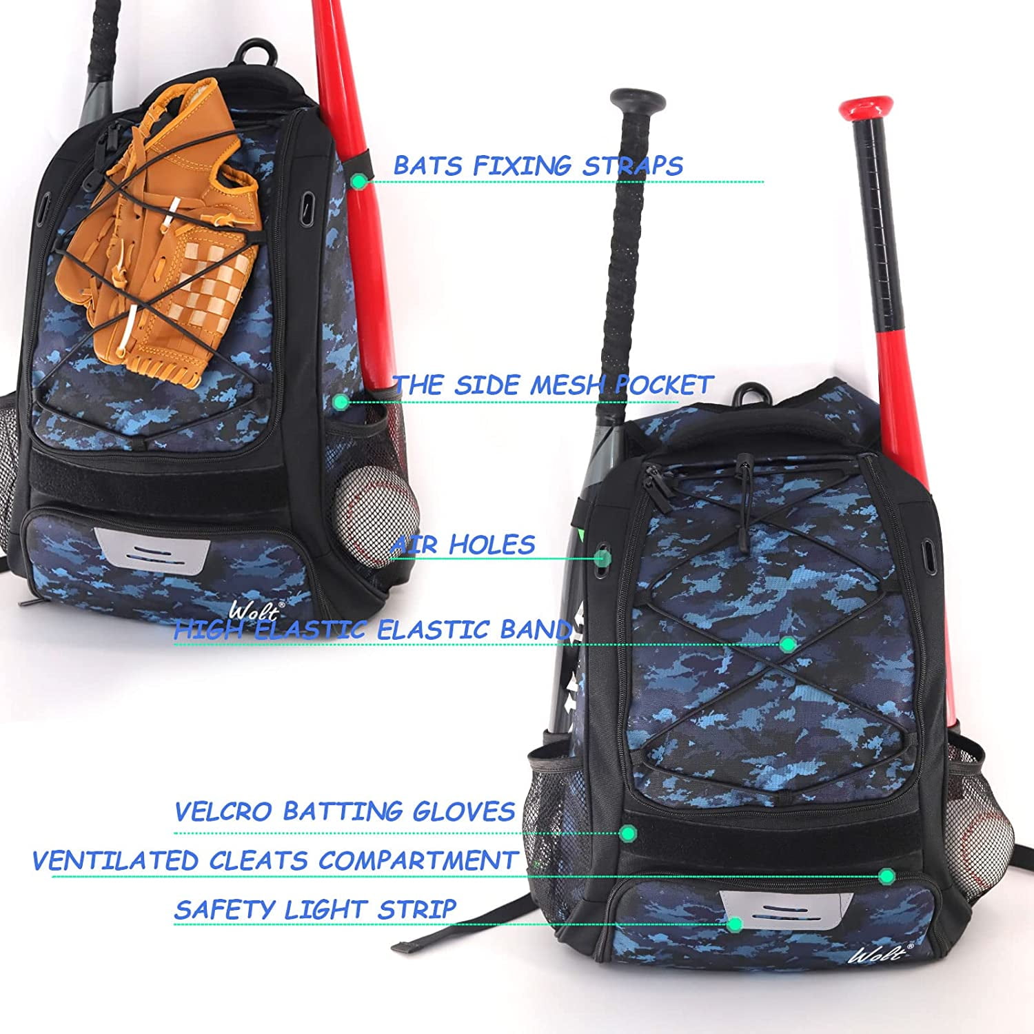 WOLT | Youth Baseball Bag Backpack--Youth Boys Equipment Oxford Fabric - New Camoblue